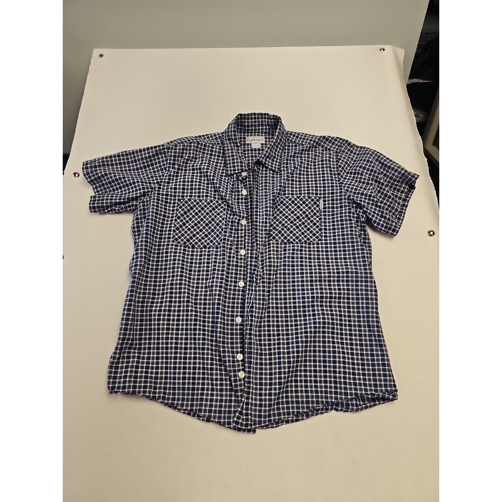Carhartt Shirt Mens XL‎ White Blue Brown Checkered Plaid Short Sleeve Workwear